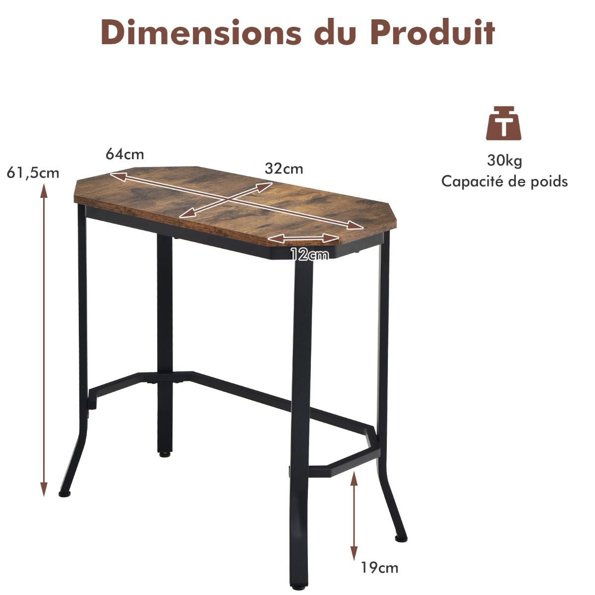 Table d'Appoint Étroite avec Grain de Bois Rustique et Structure en Acier Stable pour Salon Chambre et Salon