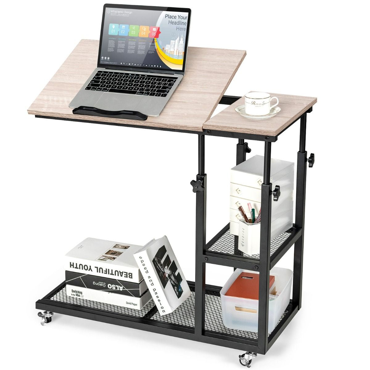 Table d’Appoint Plateau Inclinable à 5 Positions Roulettes Verrouillables Cadre en Acier Style Industriel Brun