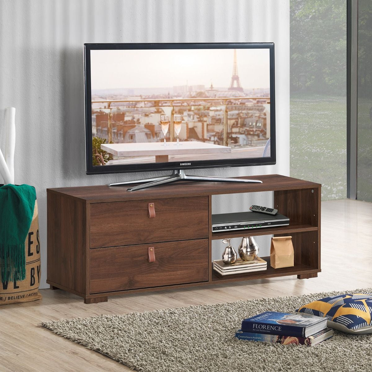 Meuble TV en Bois avec 2 Tiroirs Étagère Réglable Style Industriel 120,5 x 39 x 42 cm pour Salon Chambre Marron Rustique