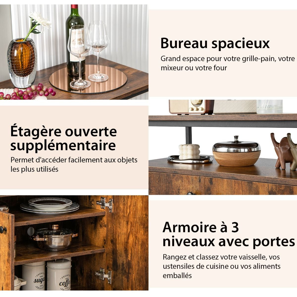 Buffet de Cuisine Industriel avec 2 Portes et Cadre Métallique 80x40x80 CM Meuble de Rangement avec Étagères Ouvertes Marron