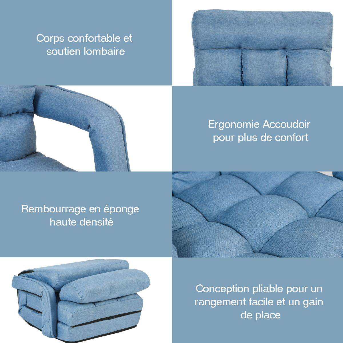 Fauteuil Convertible Chauffeuse Convertible 1 Place en Tissu avec Oreiller 5 Positions Bleu