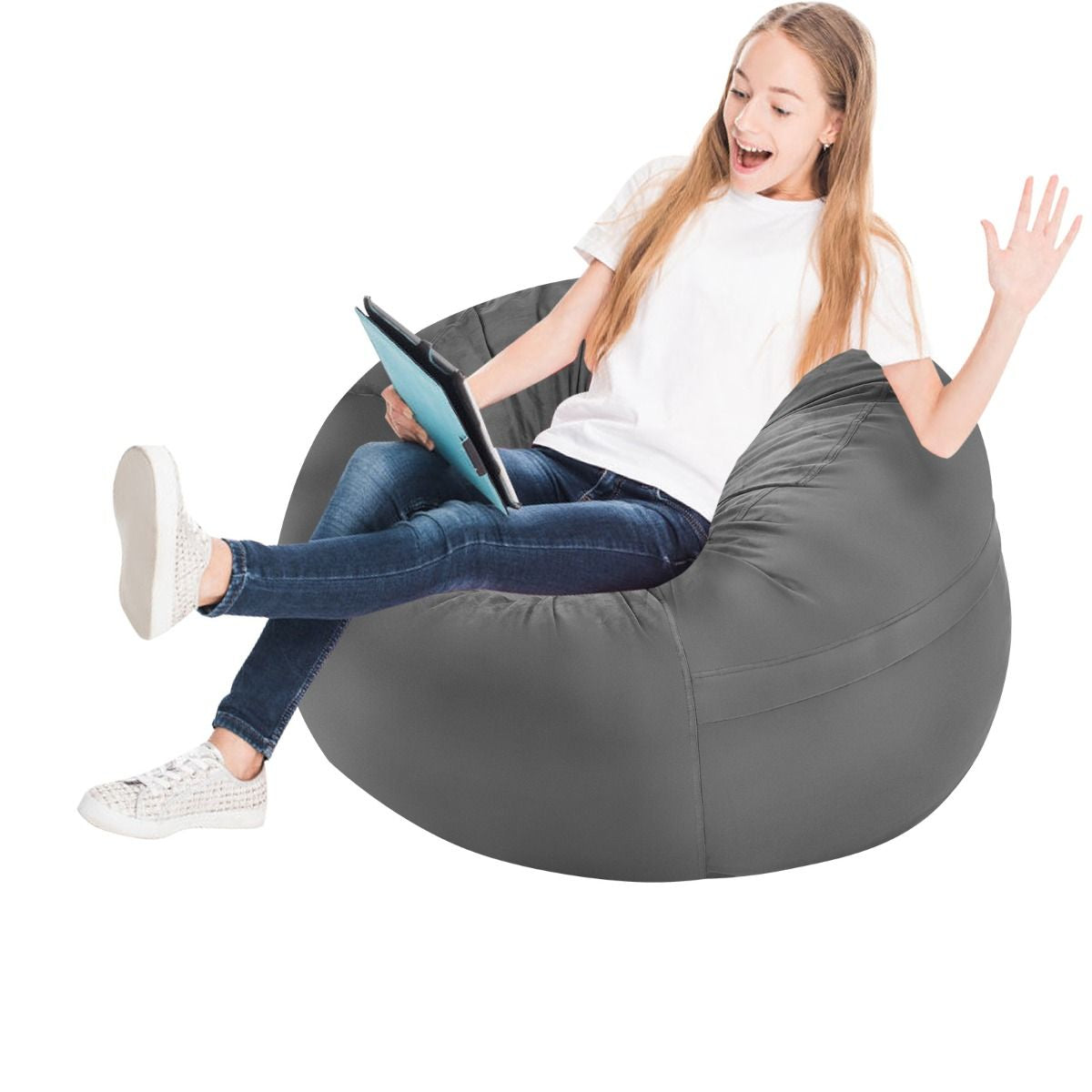 Pouf Poire 92 CM Ultra Confortable Rempli d'Éponge Doublure Indépendante Housse en Microfibre pour Chambre/Salon Gris