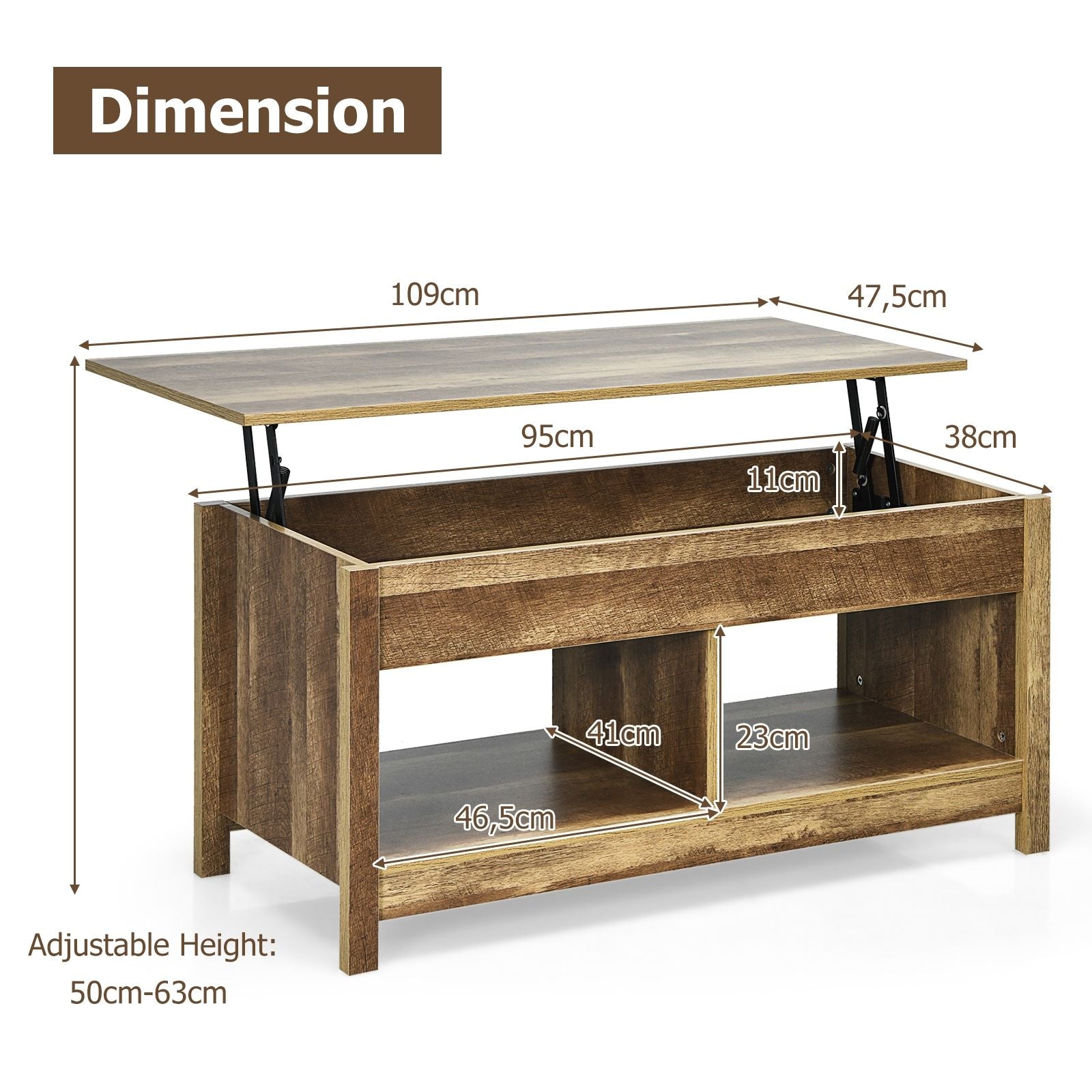 Table Basse avec Plateau Relevable avec Espace de Rangement Caché et Etagère Inférieur 109 x 47,5 x 50-63 cm Chêne