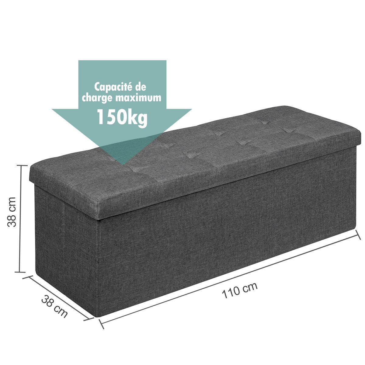 Banc de Rangement Rembourré Pliable avec Séparateur Volume 150L 110,5 x 38 x 38 cm pour Salon/Chambre/ Entrée Gris Foncé