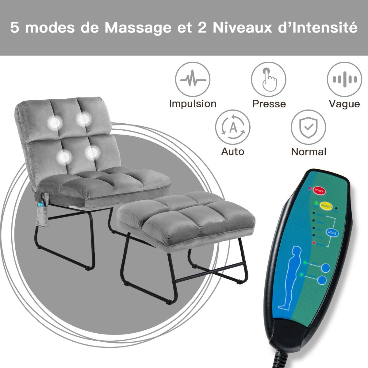 Fauteuil Relax 5 Modes de Massage en 4 Points sur Dos et Lombaire 2 Niveaux de Vibration en Velours Gris