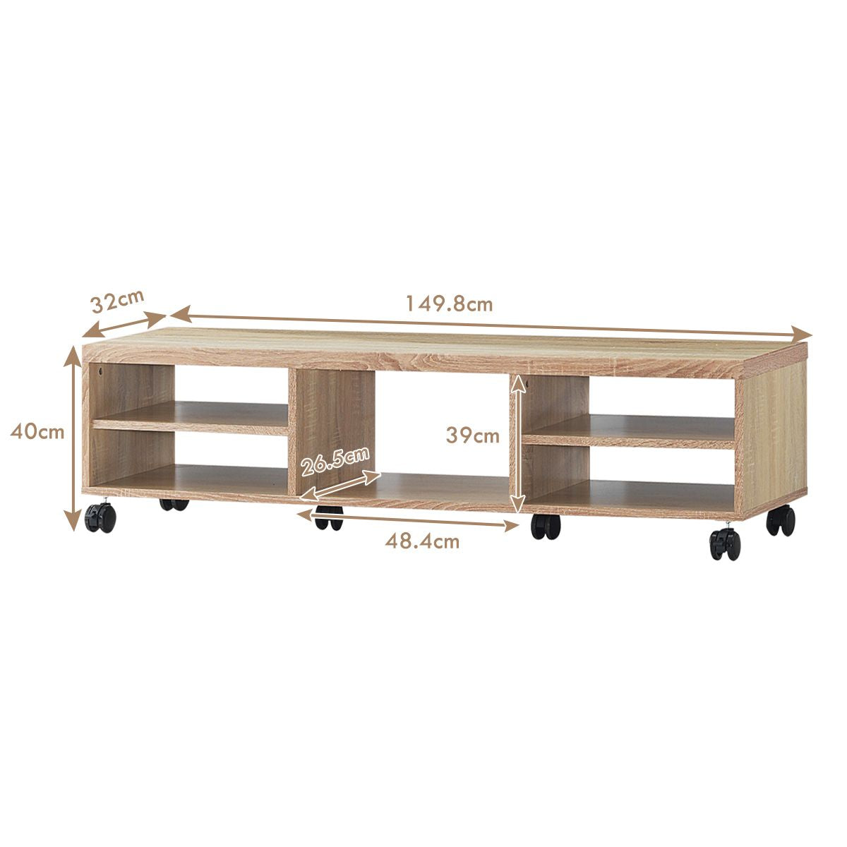 Meuble TV avec Roues Verrouillables 5 Etagères de Rangement Ouverts de Style Moderne pour TV Jusqu'à 55'' en MDF