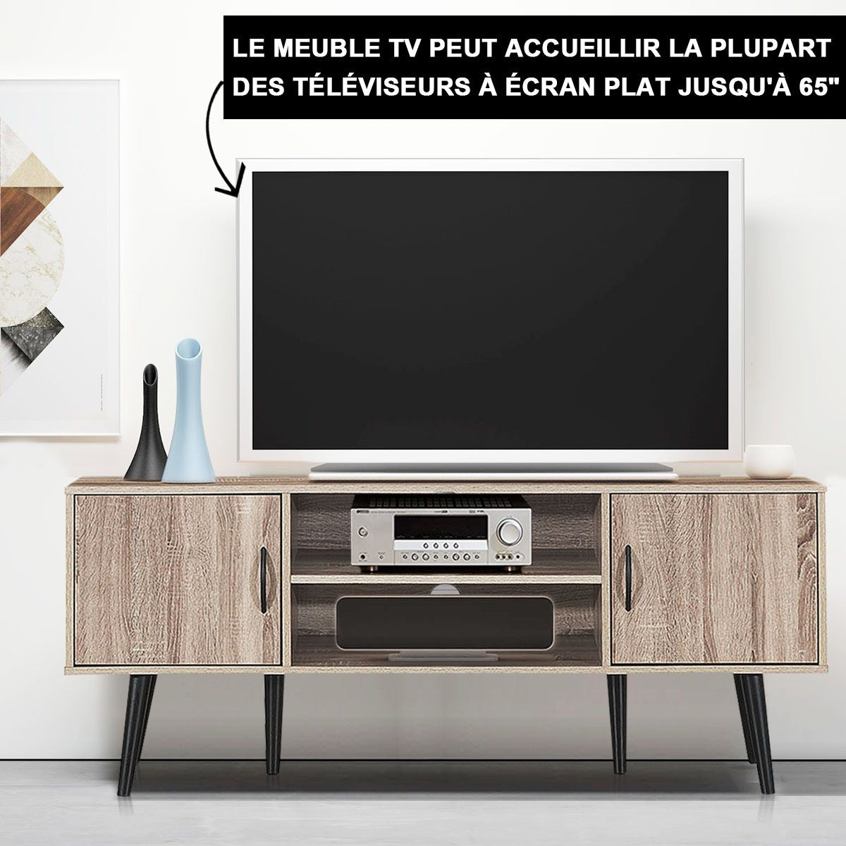 Meuble TV 147 x 39,5 x 62 CM Console Multimédia avec 2 Armoires de Rangement, 2 Etagères Ouverte pour TV Jusqu'à 65''