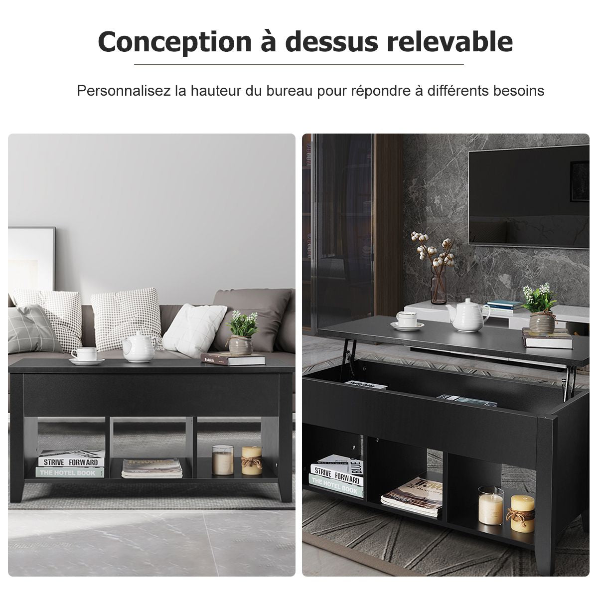 Table Basse avec Plateau Relevable Noir 104,5 x 49,5 x 48,5 CM avec Trois Compartiments pour Rangement Design Contemporain