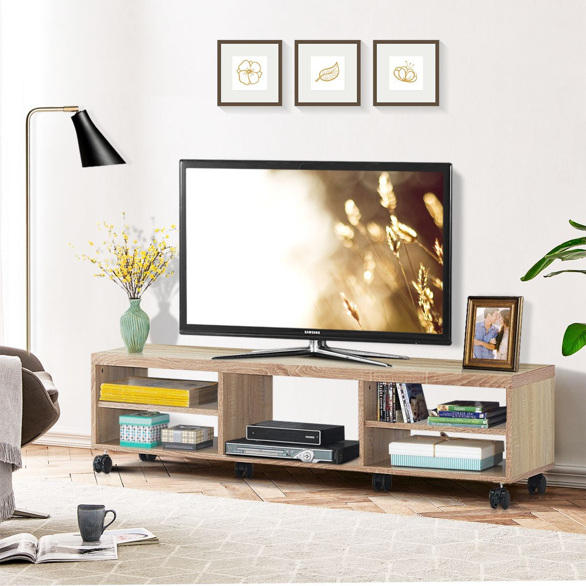 Meuble TV avec Roues Verrouillables 5 Etagères de Rangement Ouverts de Style Moderne pour TV Jusqu'à 55'' en MDF