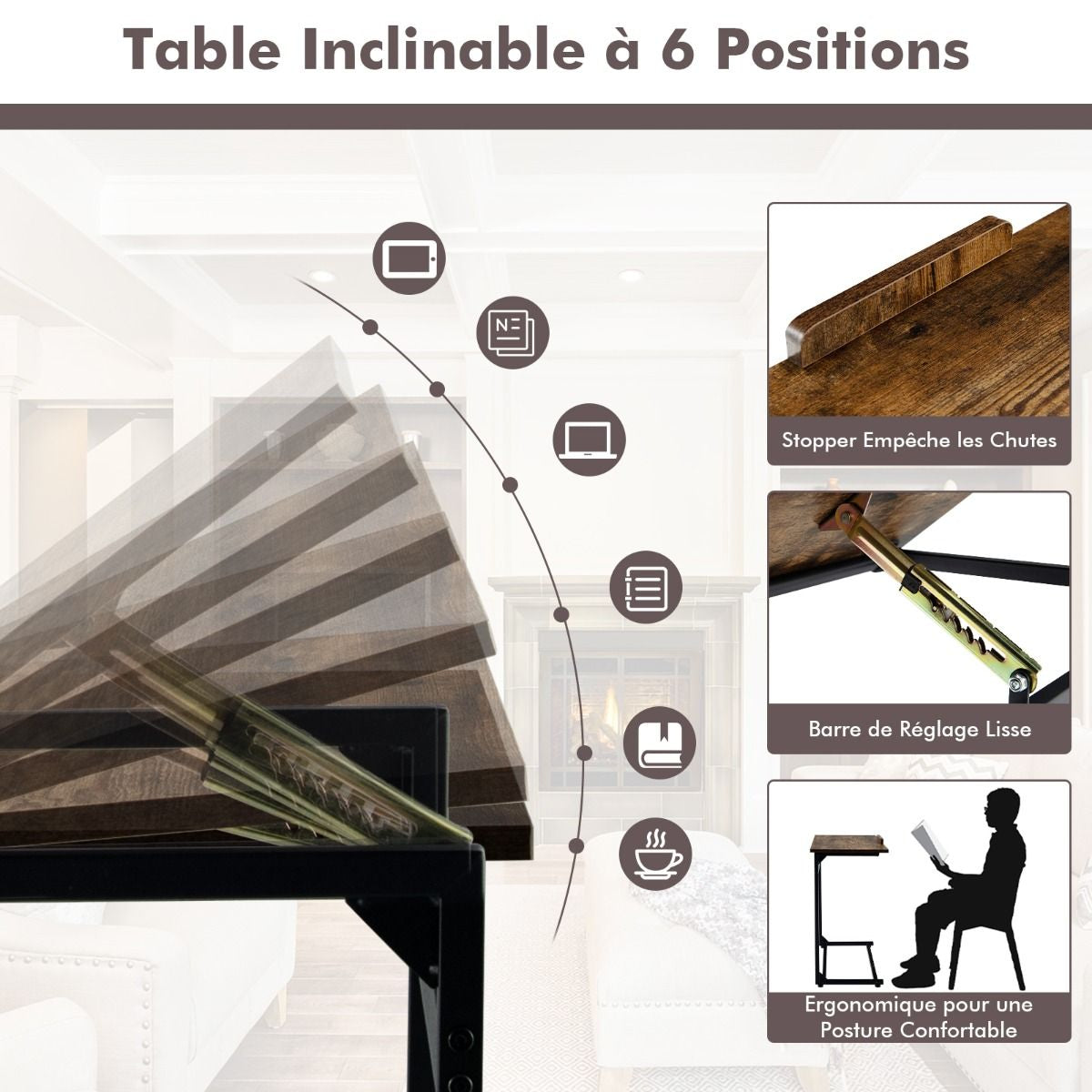 Table d’Appoint en Forme de C Plateau Réglable à 5 Positions Cadre en Acier Style Industriel Brun