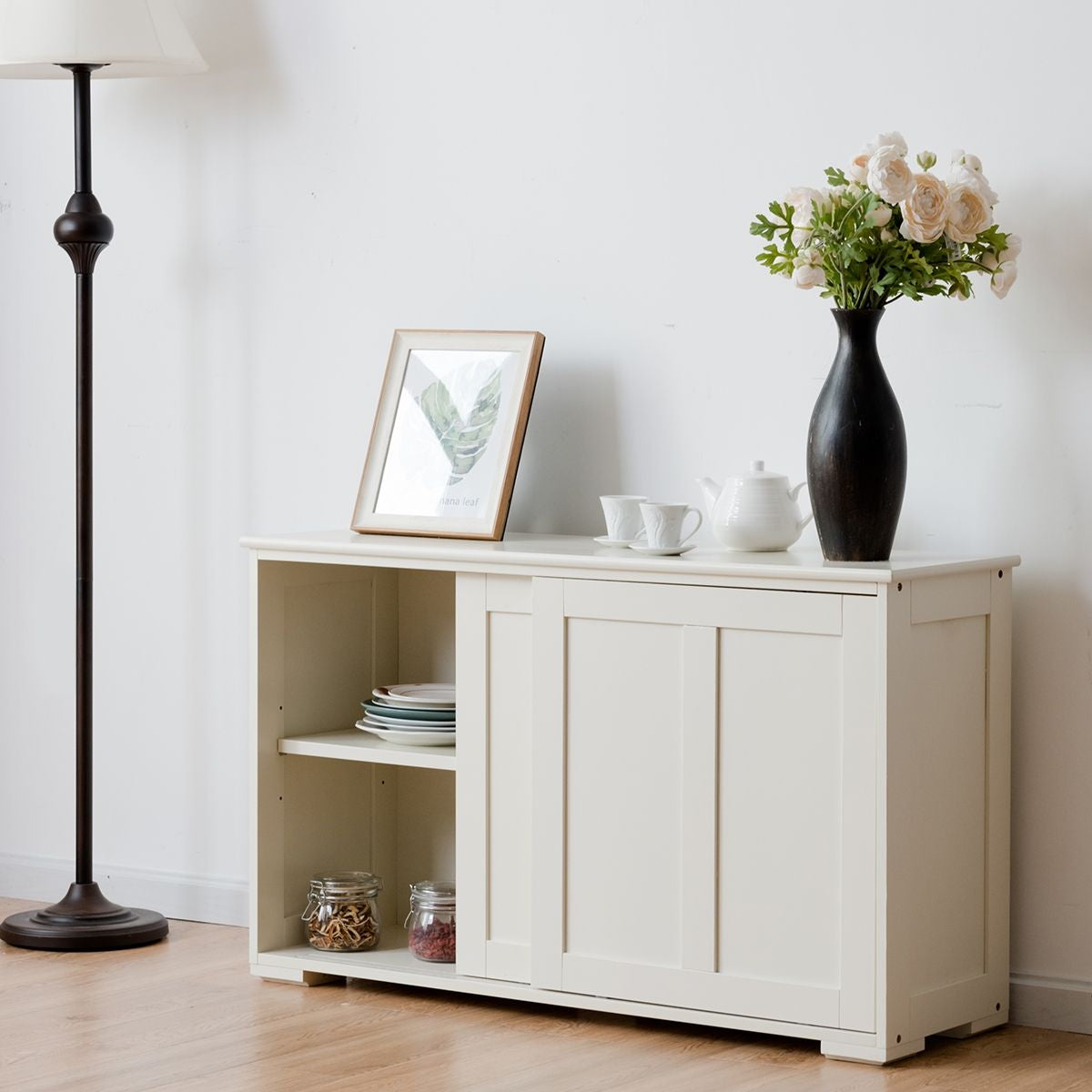 Buffet Armoire de Cuisine en MDF avec 2 Etagères de Rangement et 2 Portes Coulissantes Marron/Blanc