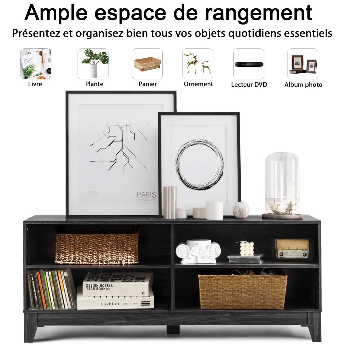 Meuble TV/Banc TV 147 X 40 X 61 CM Support télévision avec 4 Étagères de Rangement Ouvertes Tapis Antidérapant Café