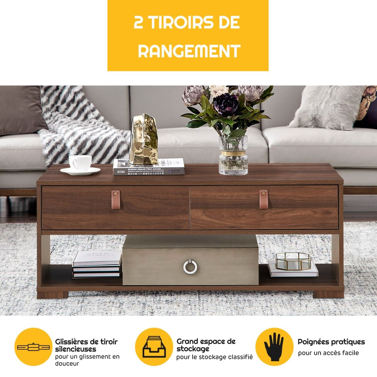 Table Basse Industrielle 100 x 44 x 41 cm (L x l x H) 2 Tiroirs et Étagère de Rangement Noir/Brun