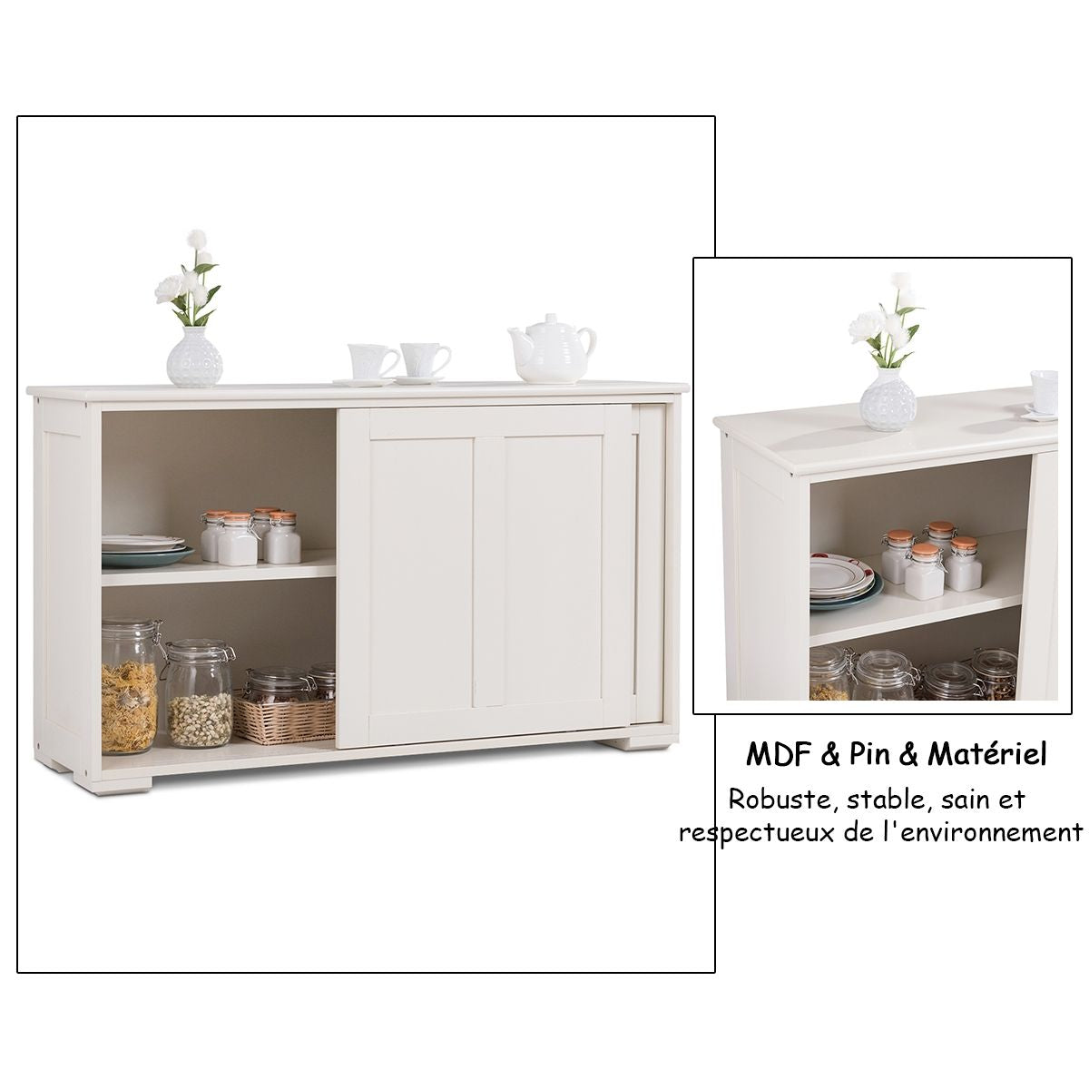 Buffet Armoire de Cuisine en MDF avec 2 Etagères de Rangement et 2 Portes Coulissantes Marron/Blanc