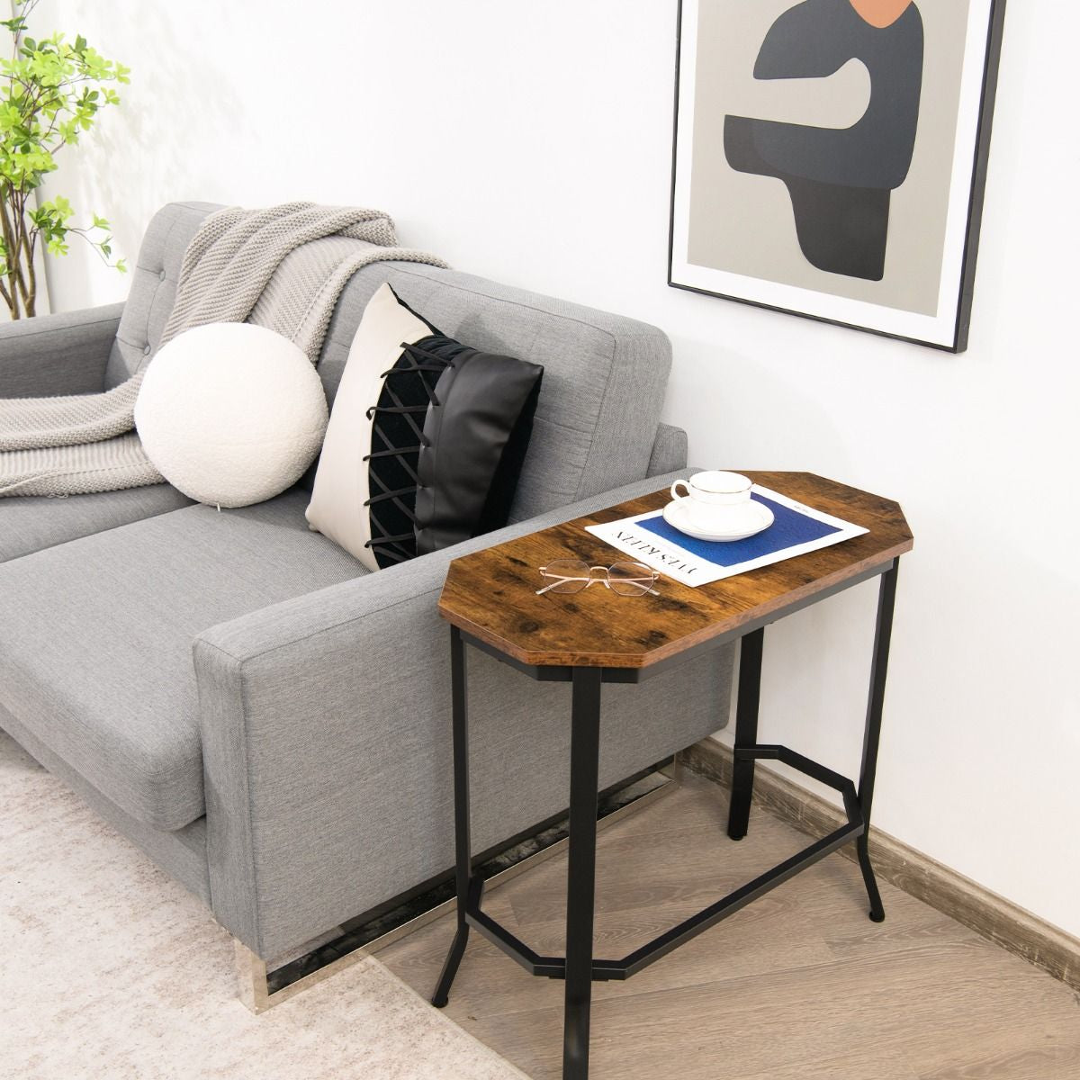 Table d'Appoint Étroite avec Grain de Bois Rustique et Structure en Acier Stable pour Salon Chambre et Salon