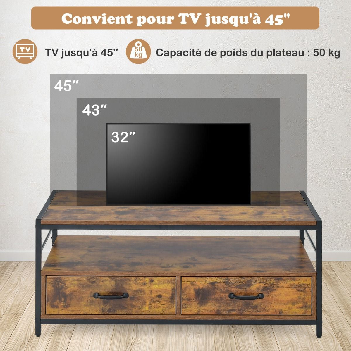 Table Basse Salon Table Basse Industrielle 2 Tiroirs et 2 Étagères Cadre en Métal Banc TV pour Télé 45 ″ au Max 105 x 50 x 45 cm