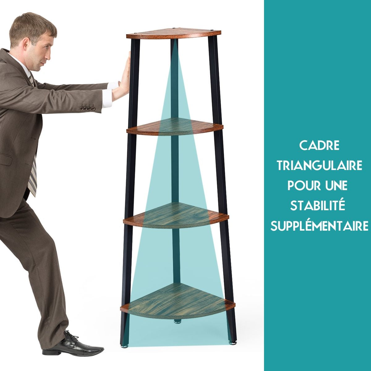 Étagère d'angle à 4 Niveaux Meuble de Rangement en Métal Structure Stable 35 x 35 x 125 CM Charge 15 KG Marron et Noir