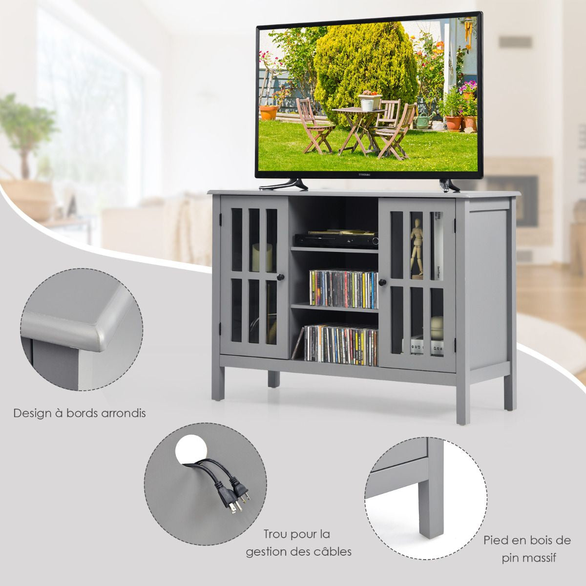 Meuble TV Support TV avec Rangement 3 Etagères, Banc TV 109 x 39,5 x 77 CM Style Simple et Contemporain Gris