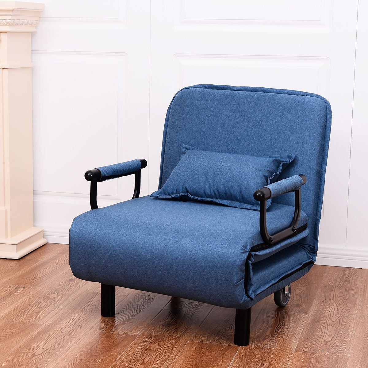 Fauteuil Convertible avec Accoudoirs et Dossier Réglable Rembourré par Éponge Roue avec Frein Bleu