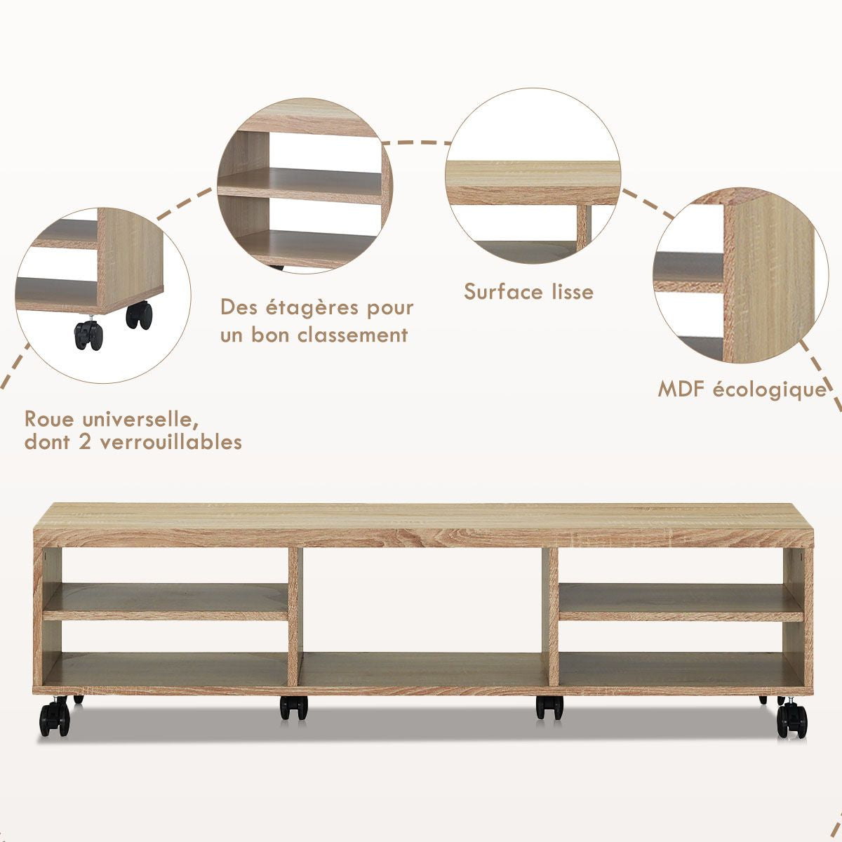 Meuble TV avec Roues Verrouillables 5 Etagères de Rangement Ouverts de Style Moderne pour TV Jusqu'à 55'' en MDF