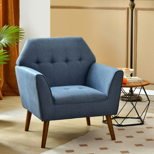 Chaise d’Appoint en Tissu Capitonné Canapé 1 Personne Rembourrée avec Pieds Antidérapants en Bois Fauteuil d’Appoint Bleu