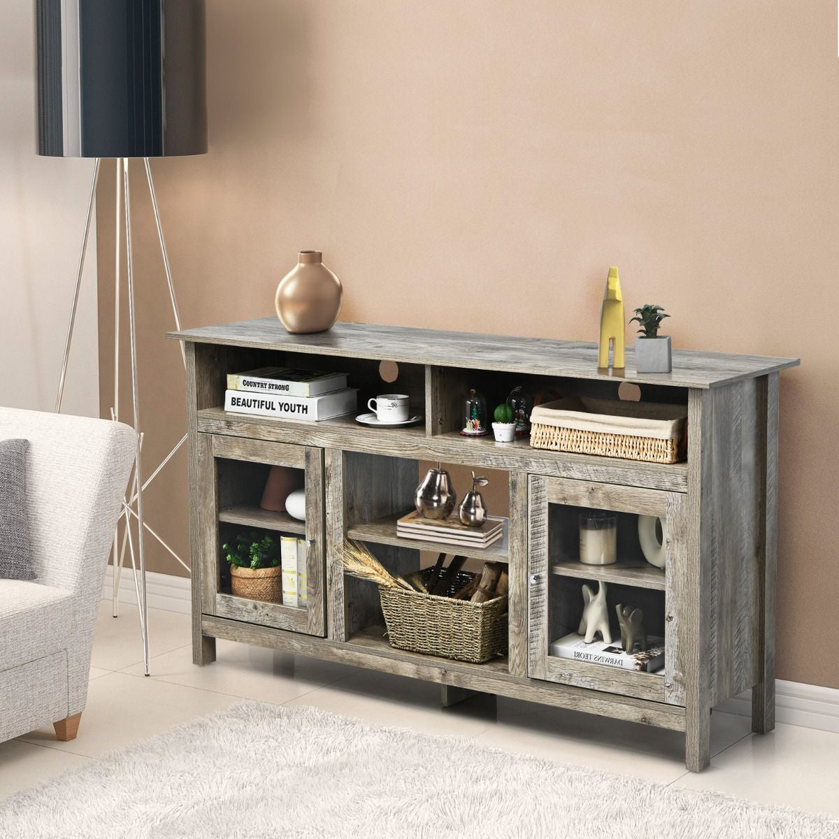 Meuble TV avec 2 Armoires Laterales et Étageres 18" Foyer Électrique pour Salon Chambre 147 x 40 x 81,5 cm Gris