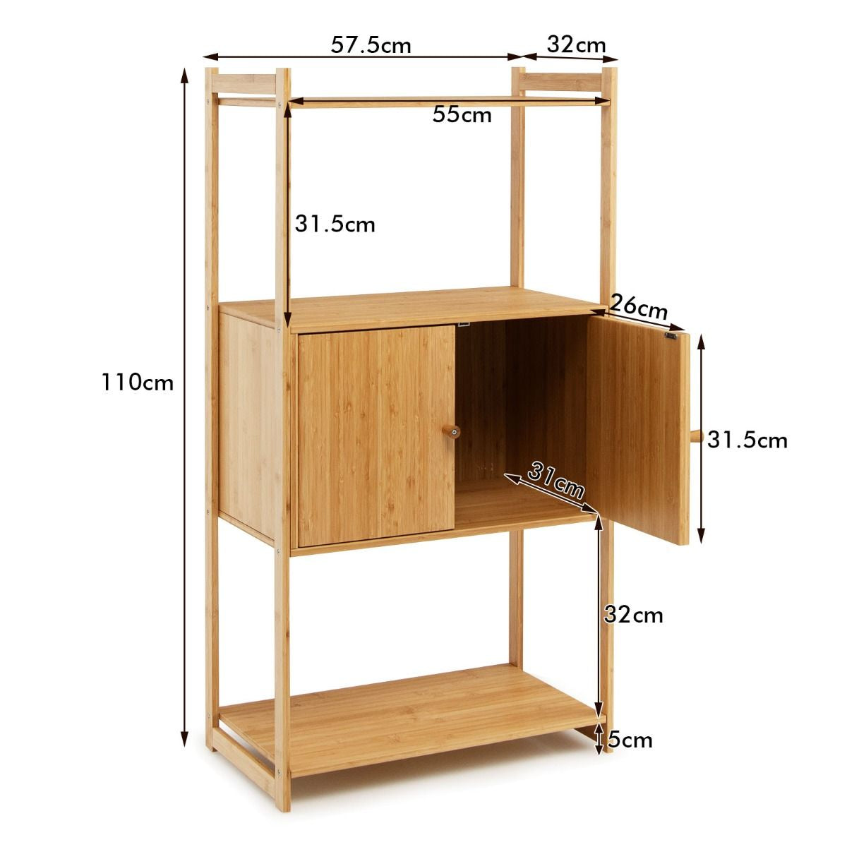 Meuble de Rangement en Bambou à 3 Niveaux 57,5 x 32 x 110 CM avec Grand compartiment à 2 Portes pour Cuisine Salon