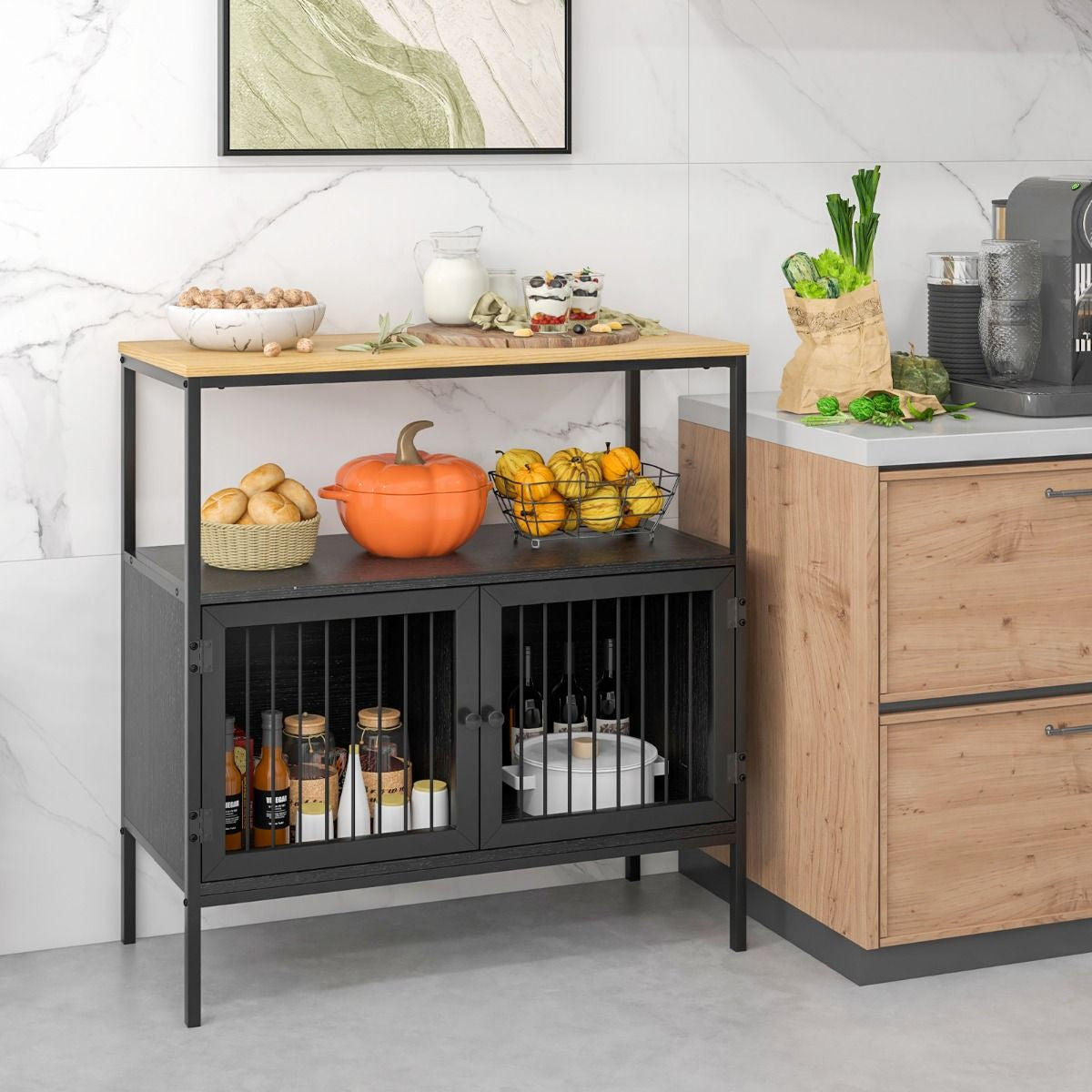 Buffet Bas de Cuisine avec 2 Portes et Étagère Ouverte 80x35x90cm Armoire de rangement avec Dispositif Anti-basculement Noir