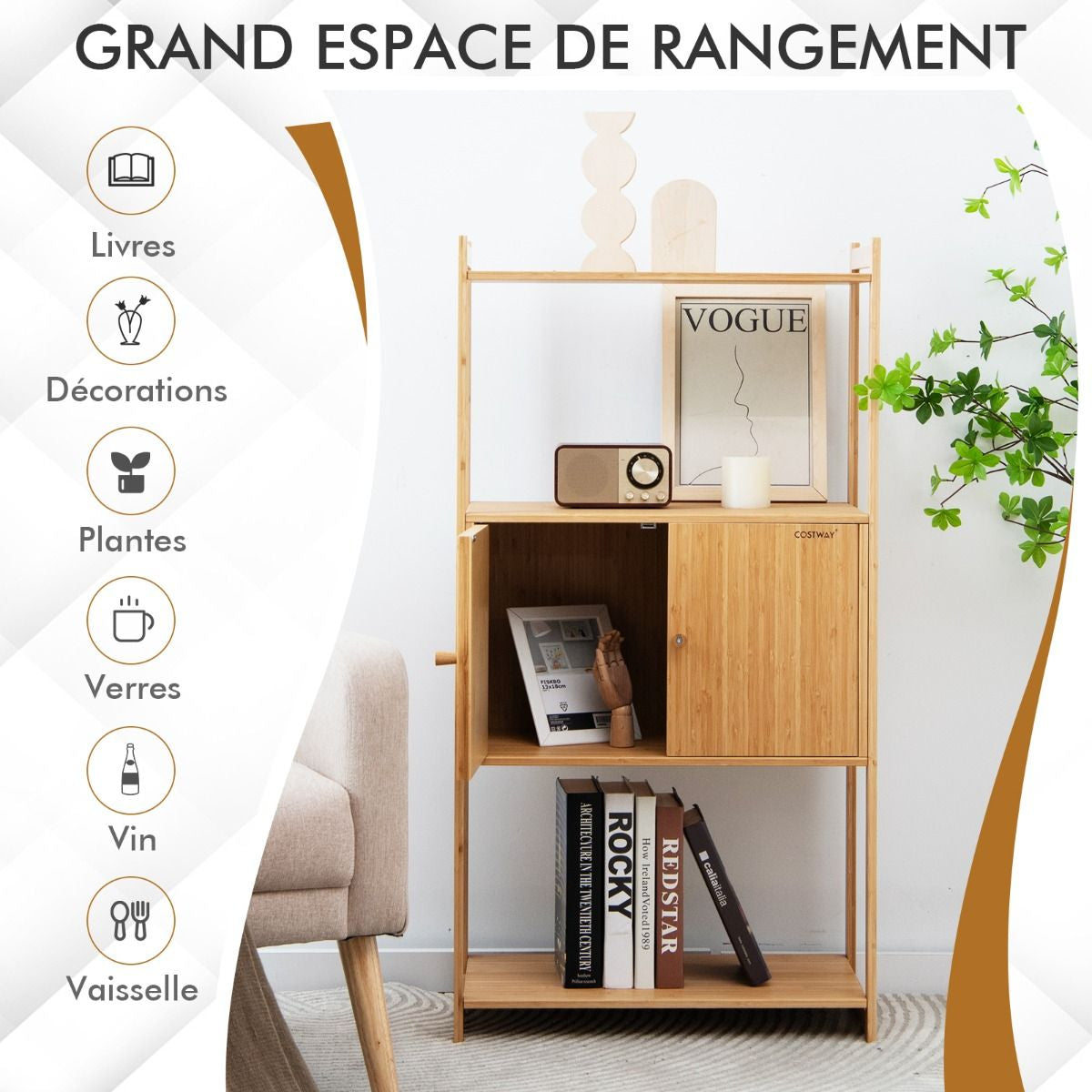 Meuble de Rangement en Bambou à 3 Niveaux 57,5 x 32 x 110 CM avec Grand compartiment à 2 Portes pour Cuisine Salon