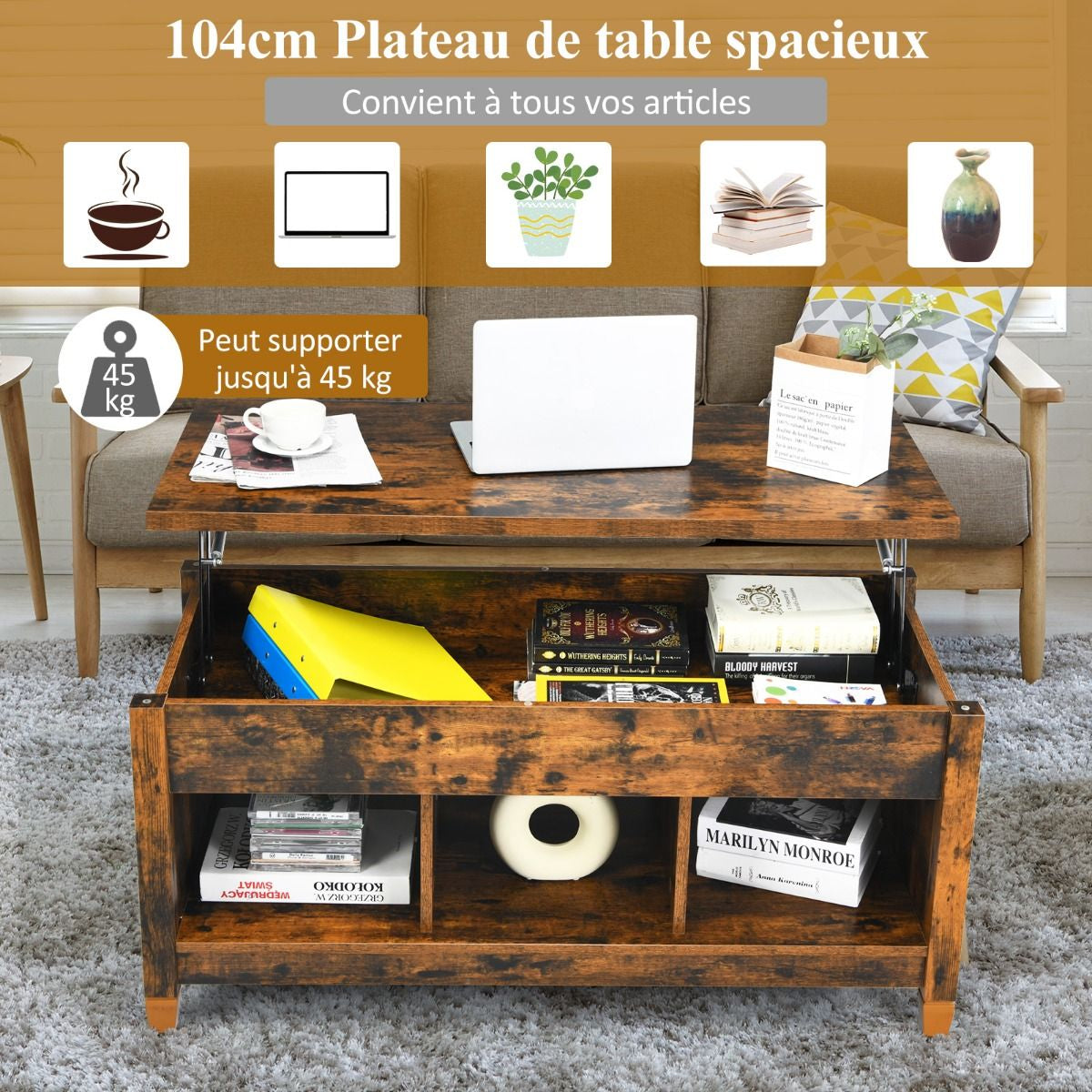 Table Basse avec Plateau Relevable 3 Compartiments Ouverts pour Rangement Polyvalents pour Salon Bureau Marron