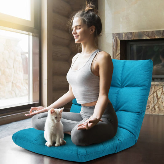 Chaise de Méditation Rembourrée - 14 Positions Réglable Cadre en Acier Robuste Tissu en Coton et Lin Bleu Bondi