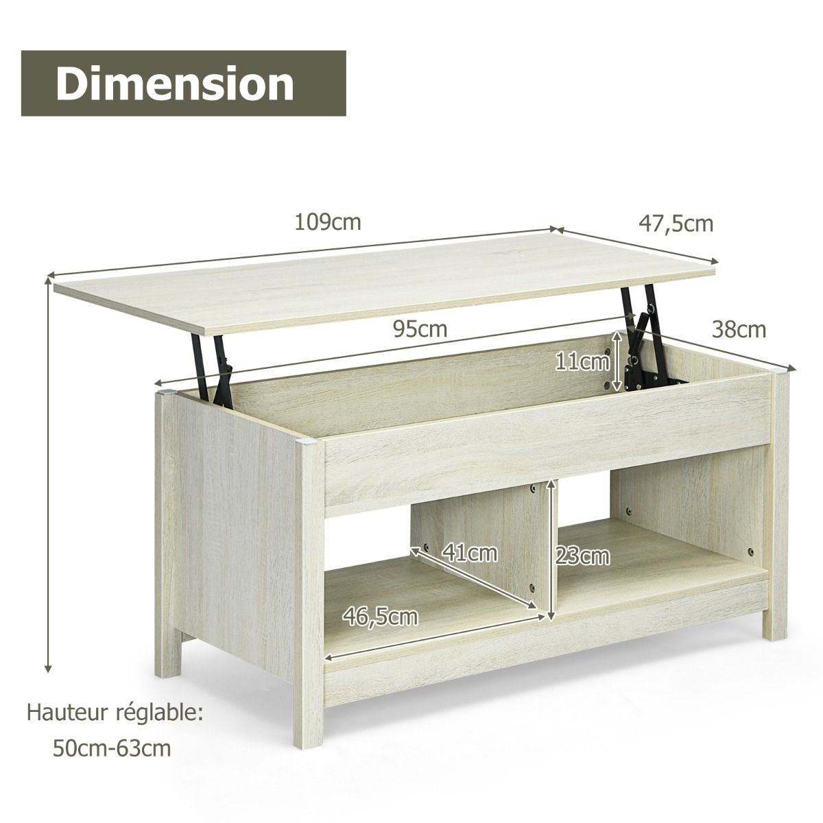 Table Basse avec Plateau Relevable avec Espace de Rangement Caché et Etagère Inférieur 109 x 47,5 x 50-63 cm Blanc