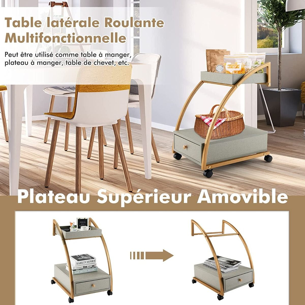 Table d'Appoint avec Plateau Amovible et Roues Verrouillables Chariot de Rangement Mobile pour Salon Chambre Bureau et Cuisine