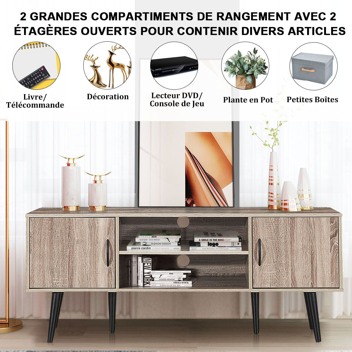 Meuble TV 147 x 39,5 x 62 CM Console Multimédia avec 2 Armoires de Rangement, 2 Etagères Ouverte pour TV Jusqu'à 65''