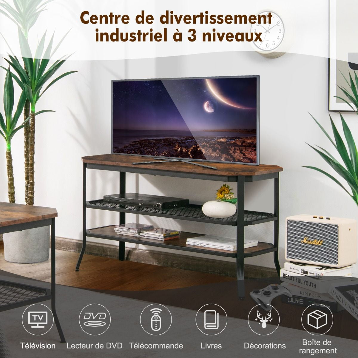 Meuble TV à 3 Niveaux 100 x 40 x 55,5 cm Structure en Acier Design Grain de Bois et Style Industriel pour Salon Chambre