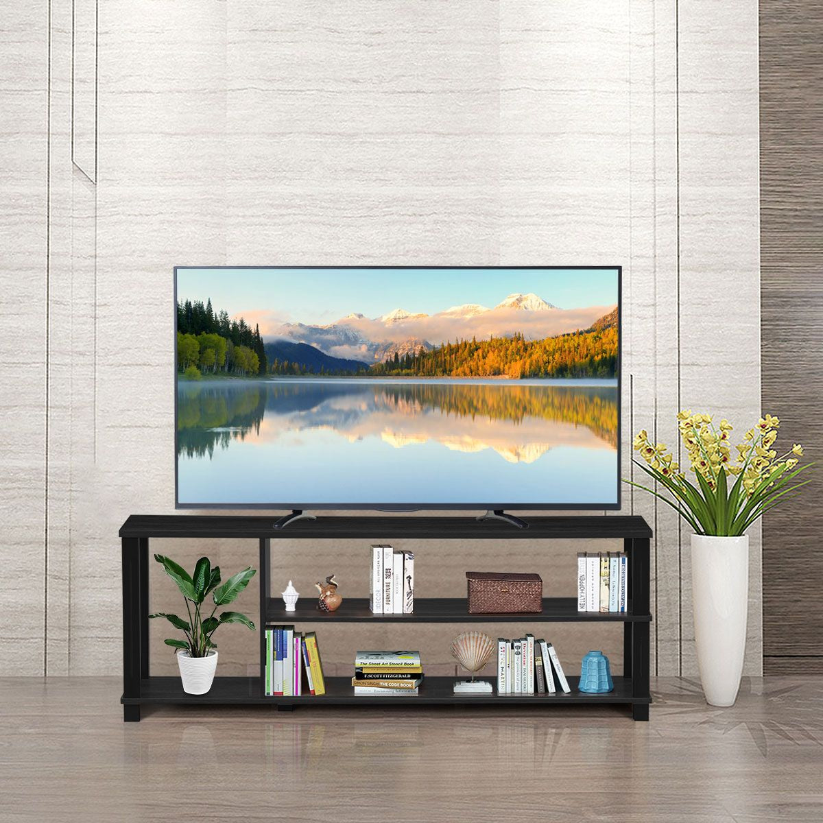 Meuble TV / Banc TV avec 3 Étagères Ouvertes 110 x 29,5 x 40,5 CM Support TV pour Télévision Jusqu’à 45 Pouces Noir