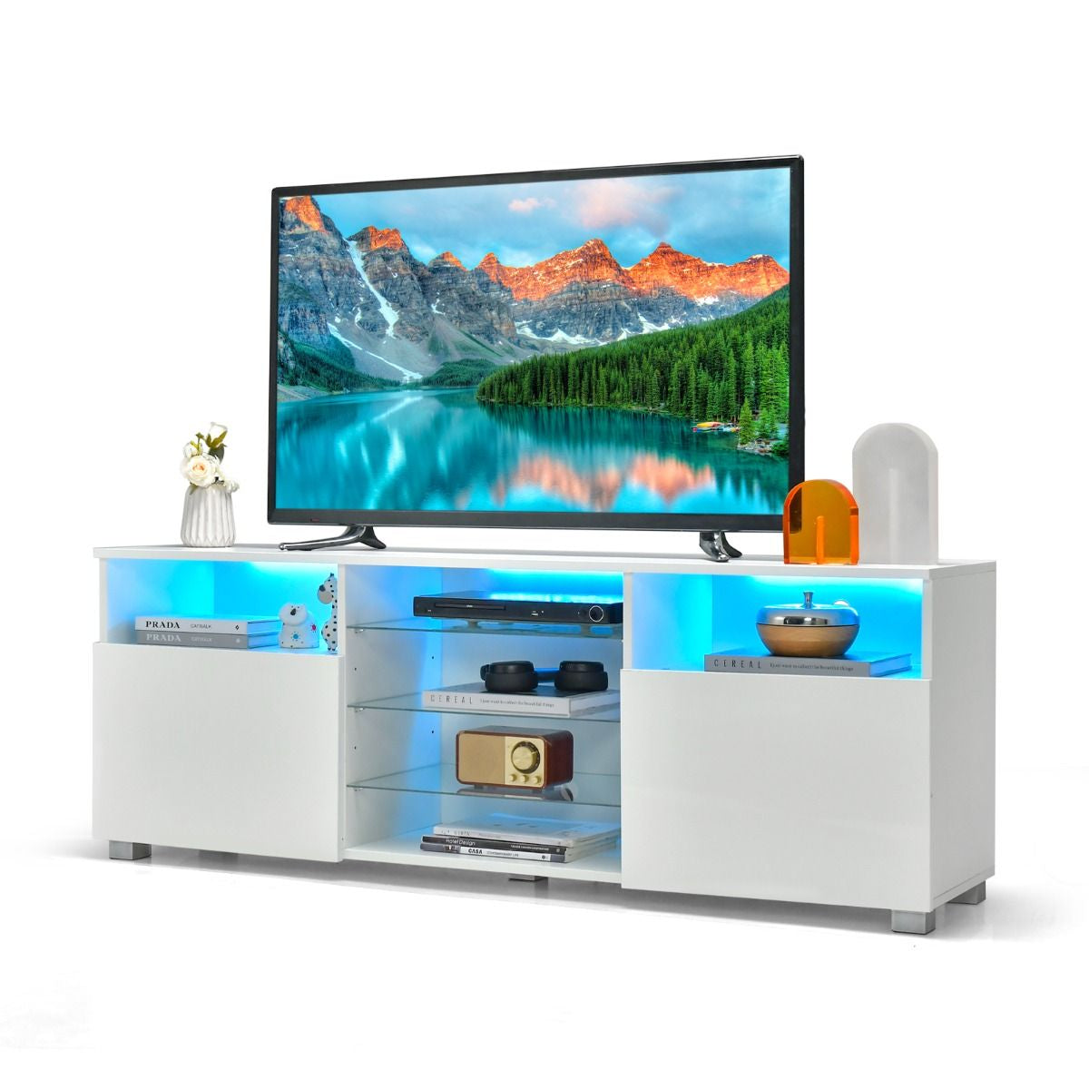 Meuble TV avec Éclairage LED 20 Couleurs Banc TV avec 2 Placards 2 Compartiments et Étagères Vitrées Meuble pour TV 60"