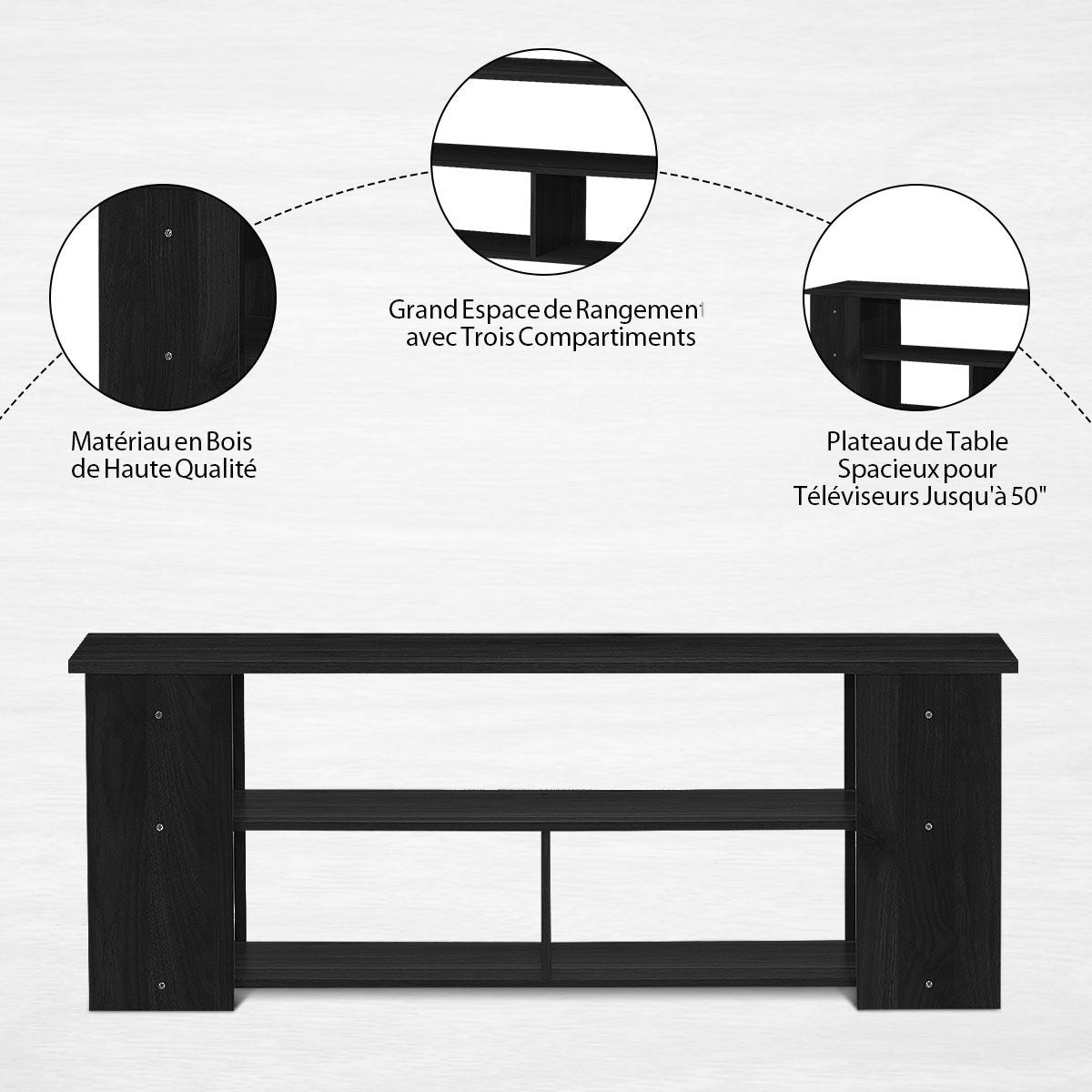 Meuble TV à 3 Niveaux avec Structure en Bois Massif pour Salon Chambre Salle de Jeu Style Moderne 100 x 29  x 40,5 cm Noir