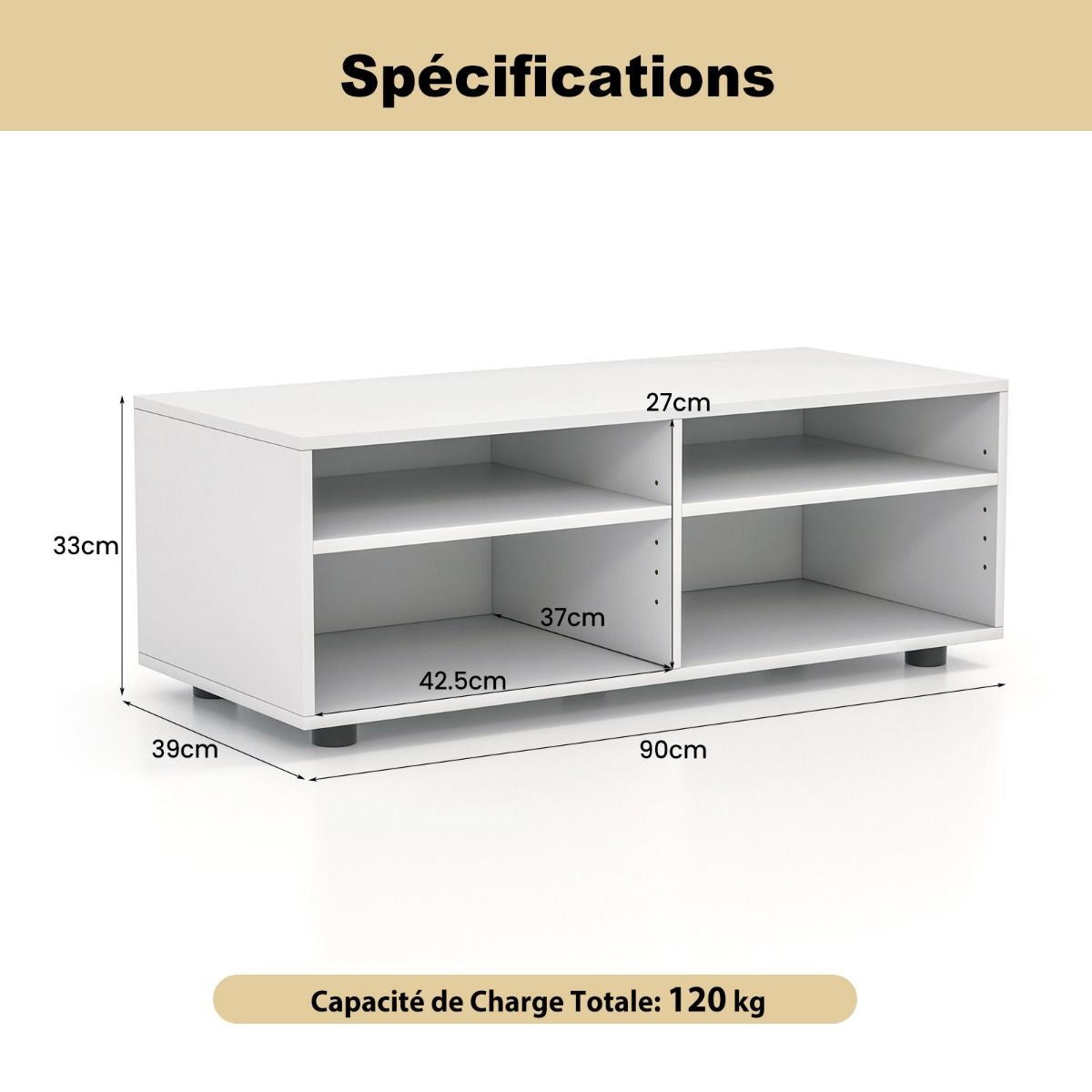 Meuble TV avec Rangement Table Console TV 4 Cubes avec étagères réglables Centre de Divertissement Média pour TV jusqu'à 101 cm Blanc