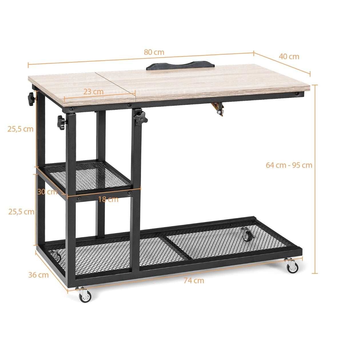 Table d’Appoint Plateau Inclinable à 5 Positions Roulettes Verrouillables Cadre en Acier Style Industriel Brun