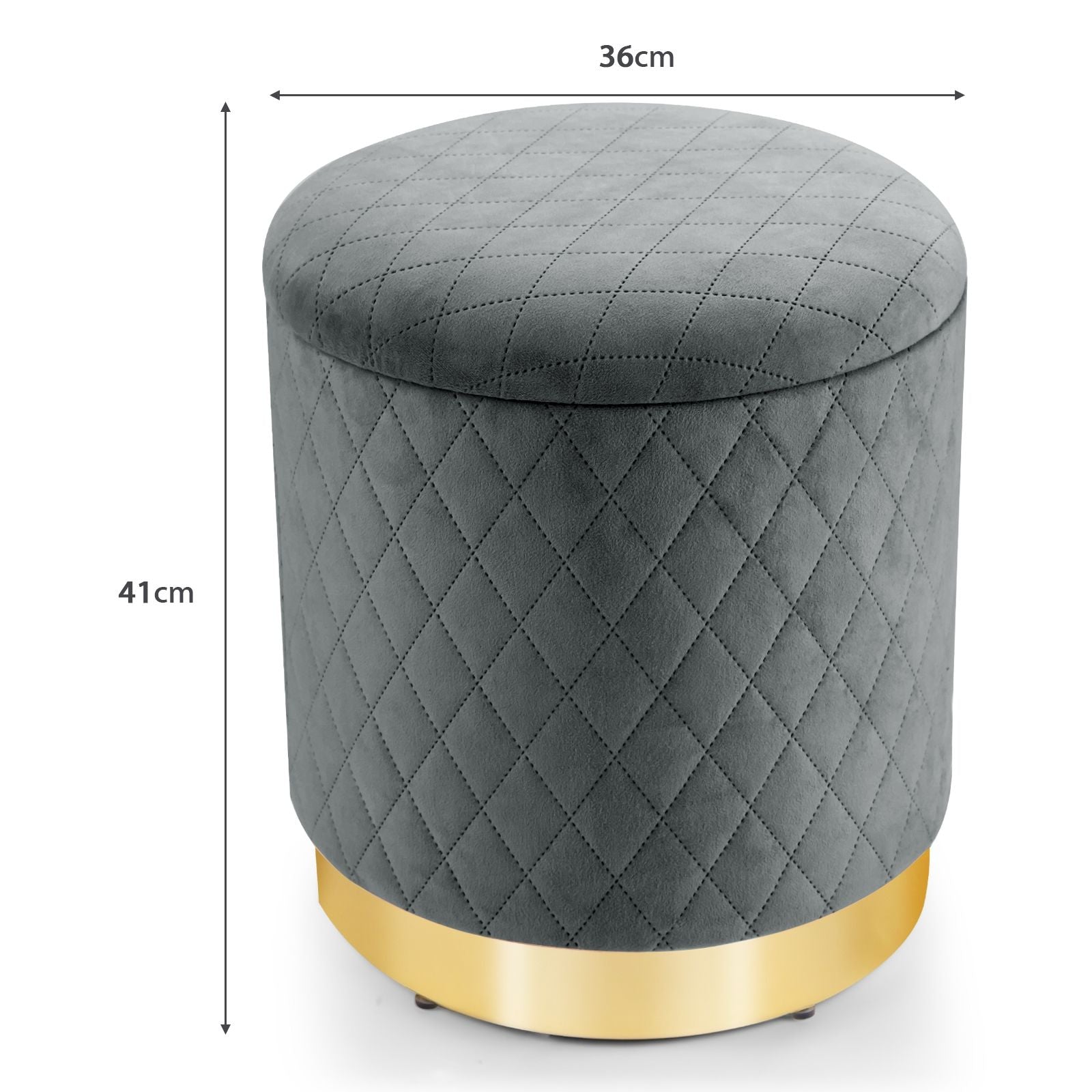 Pouf de Rangement Rond avec Base en métal Couvercle Détachable et Patins Anti-Rayurespour Salon Chambre Gris