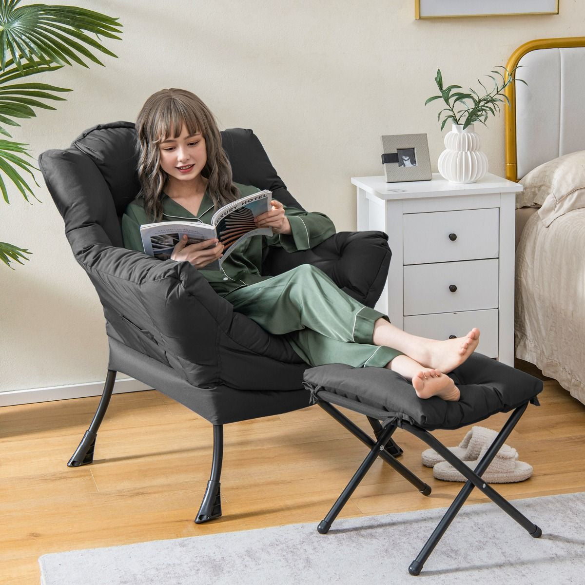 Fauteuil Paresseux avec Ottoman Fauteuil Moderne de Loisirs pour la Lecture avec Oreiller Accoudoirs Poche Latérale et Repose-pieds pour Salon Chambre Bureau Gris