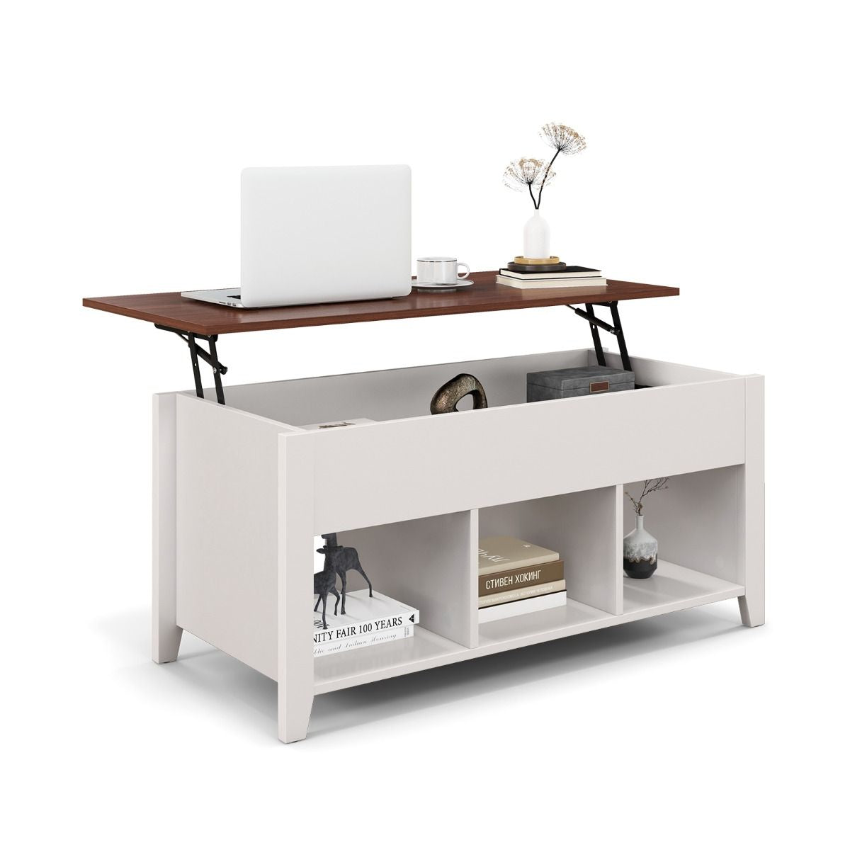 Table Basse avec Plateau Relevable 3 Compartiments Ouverts pour Rangement Polyvalents pour Salon Bureau  Blanc