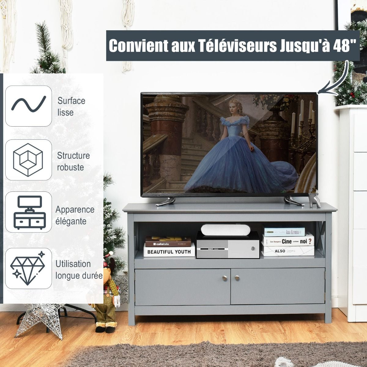 Meuble TV à 3 Niveaux avec Compartiment et Placard 2 Portes pour TV Jusqu'à 48 Pouces 112x40x61CM Charge Max 80KG Gris