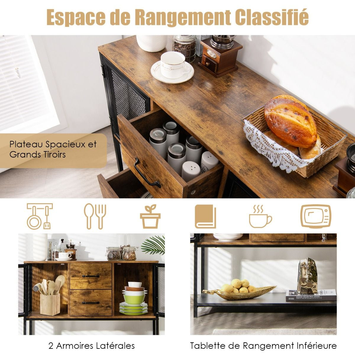 Buffet de Cuisine avec 2 Placard 2 Tiroirs et Étagère Inférieure Style Industriel pour Salon Couloir Cuisine