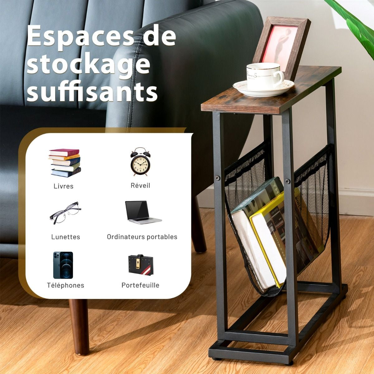 Table d'Appoint Étroite de Style Industriel avec Porte-revues en Maille et Patins Réglables pour Salon Chambre Bureau