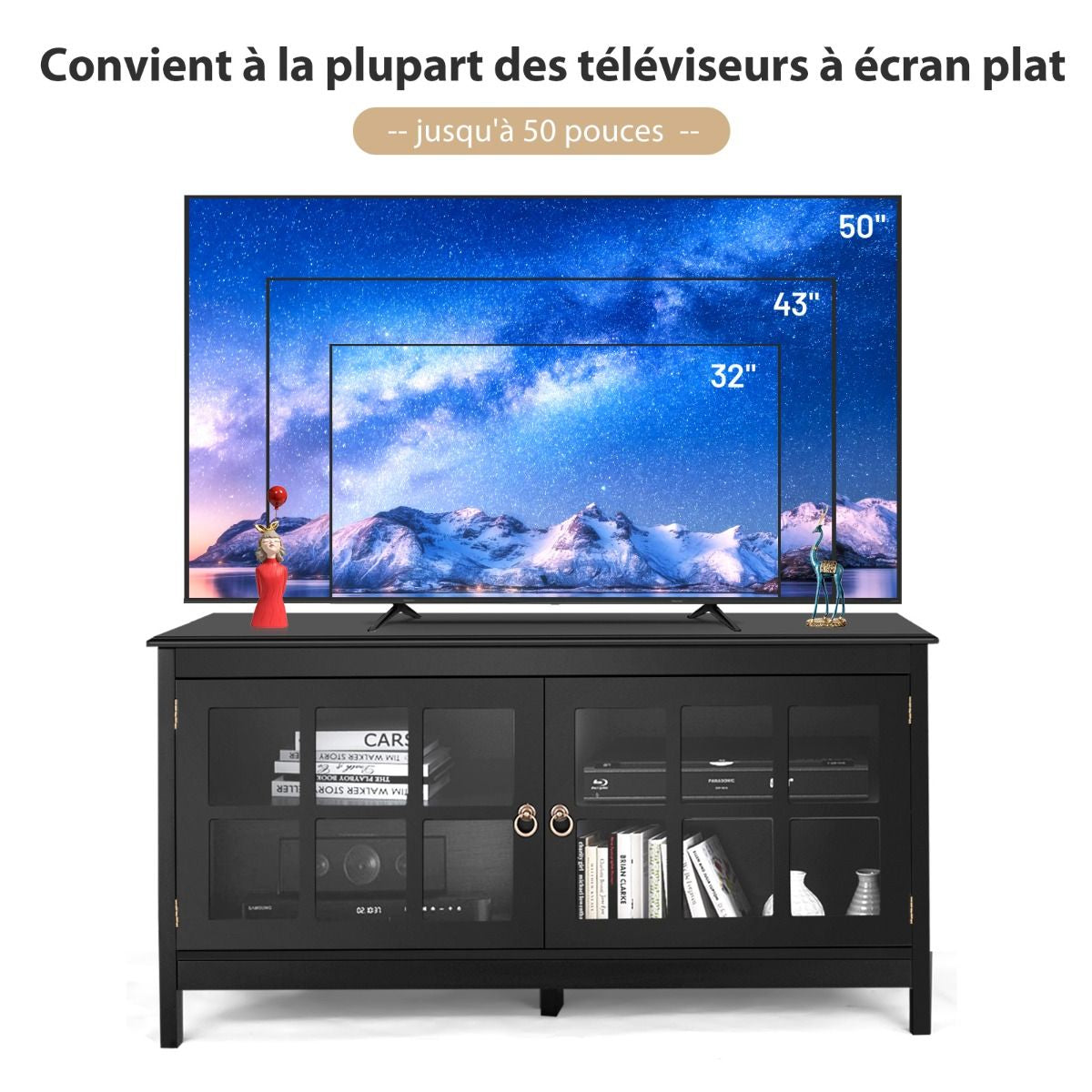 Meuble TV en Bois avec 2 Portes et 4 Compartiments 114 x 48,5 x 61 cm Style Moderne pour Salon et Chambre Noir