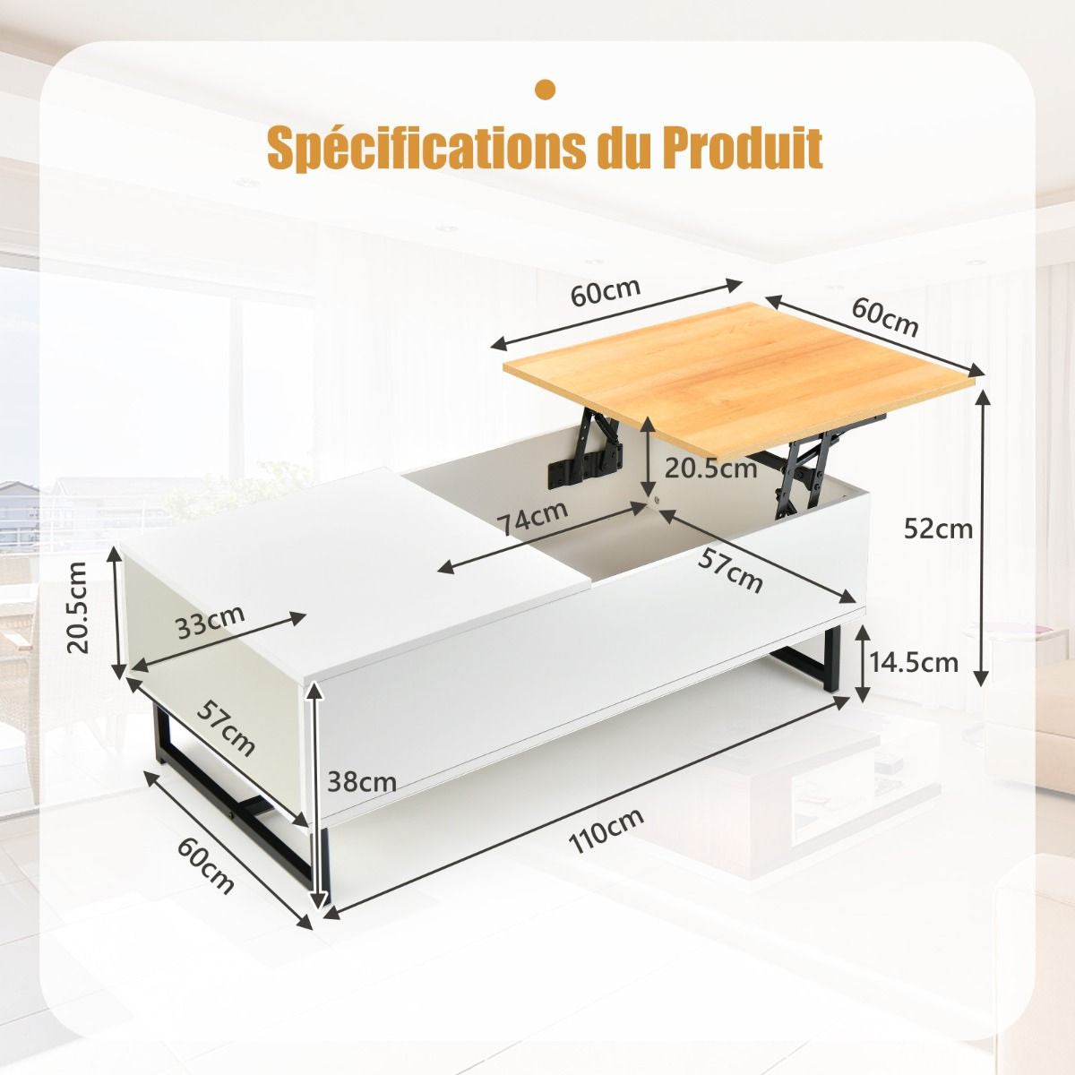 Table Basse Relevable avec 1 Compartiment Latéral Table Basse Transformable Cadre en Métal Levage Hydraulique pour Salon Bureau Chambre 110 x 60 x 38 cm Blanc