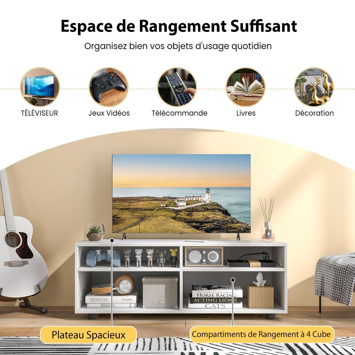 Meuble TV avec Rangement Table Console TV 4 Cubes avec étagères réglables Centre de Divertissement Média pour TV jusqu'à 101 cm Blanc