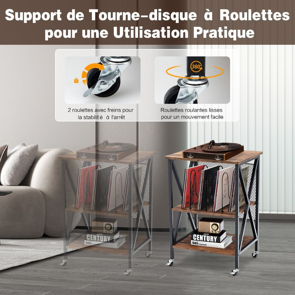 Support de Tourne-disque à Roulettes avec 3 Séparateurs pour 250 albums Desserte à Roulettes Cadre en Fer Roues Verrouillables 52x45x75cm